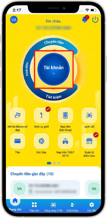 Bước 1: Chọn phần tài khoản
